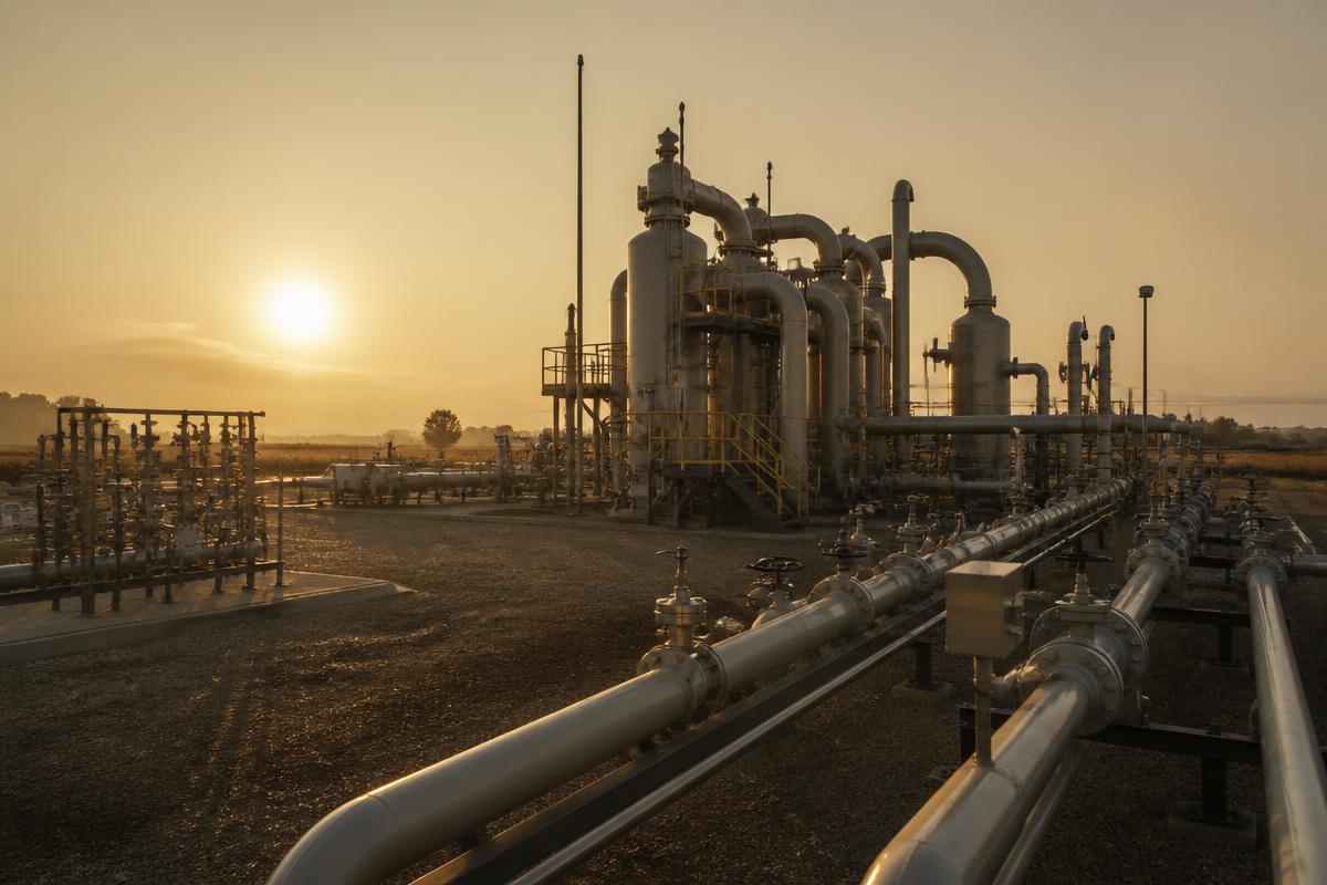 Gas gathering and compression station with pipelines at golden hour